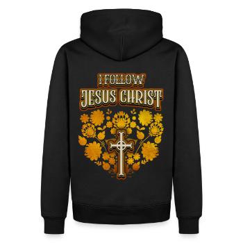 Jesus Christus, vintage Volkskunst, Kreuz, Spruch - Männer Premium Bio Hoodie - Schwarz - Hinten - Nico (187cm)
