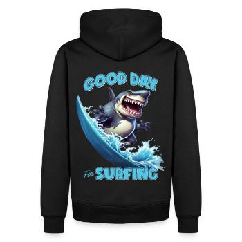Funny shark with a surfboard - surfer - Men’s Premium Organic Hoodie - black - Back - Nico (187cm)