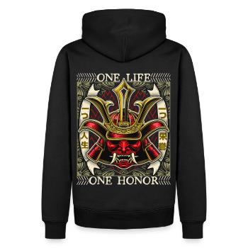 Japanischer Samurai Dämon, Samurai Krieger, Spruch - Männer Premium Bio Hoodie - Schwarz - Hinten - Nico (187cm)