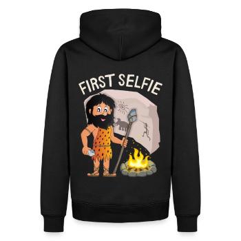 Lustiger Neandertaler, First-Selfie, Spruch, Pun - Männer Premium Bio Hoodie - Schwarz - Hinten - Nico (187cm)
