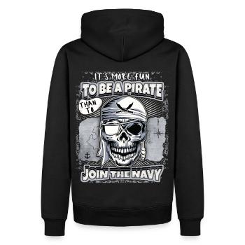 Lachender Pirat, Totenkopf, Totenschädel, Spruch - Männer Premium Bio Hoodie - Schwarz - Hinten - Nico (187cm)