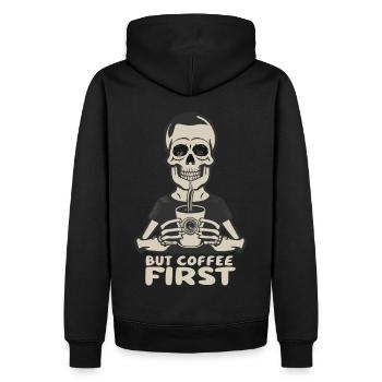 Skeleton Skull But Coffee First Coffee Saying - Men’s Premium Organic Hoodie - black - Back - Nico (187cm)