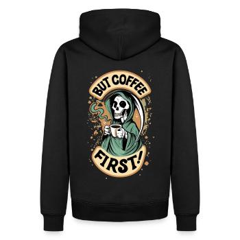 Grim Reaper, Skull But Coffee First Coffee - Men’s Premium Organic Hoodie - black - Back - Nico (187cm)