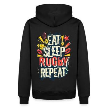 Eat Sleep Rugby Repeat Sport Typografie - Männer Premium Bio Hoodie - Schwarz - Hinten - Nico (187cm)