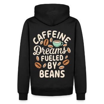 Caffeine Dreams Fueled by Beans Kaffee Spruch - Männer Premium Bio Hoodie - Schwarz - Hinten - Nico (187cm)