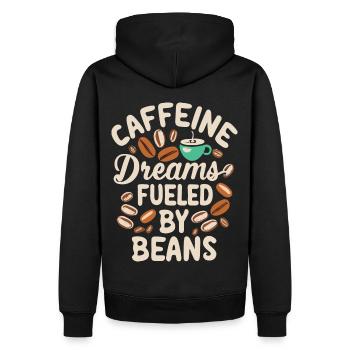 Caffeine Dreams Fueled by Beans Kaffee Spruch - Männer Premium Bio Hoodie - Schwarz - Hinten - Nico (187cm)