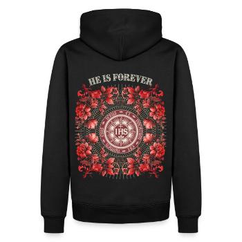 Jesus, Jesus Christus Spruch IHS mit vintage Rosen - Männer Premium Bio Hoodie - Schwarz - Hinten - Nico (187cm)