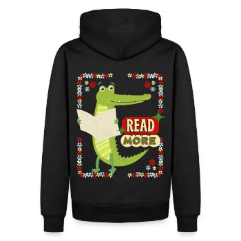 Lesen, Buch, Zeitung, lustiges Krokodil, Spruch - Männer Premium Bio Hoodie - Schwarz - Hinten - Nico (187cm)