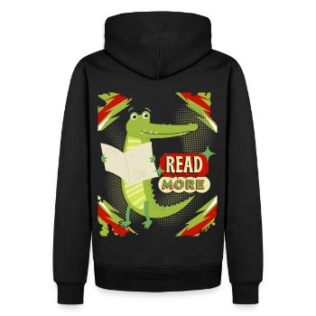 Lustiges Krokodil, Lesen, Buch, Zeitung Spruch - Männer Premium Bio Hoodie - Schwarz - Hinten - Nico (187cm)