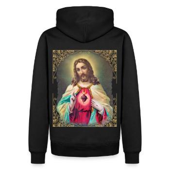 Vintage Jesus Christus mit flammendem Herzen - Männer Premium Bio Hoodie - Schwarz - Hinten - Nico (187cm)