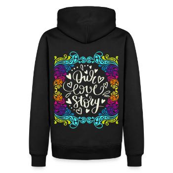 Our Love Story, en disant dans un style groovy des années 70 - Sweat à capuche Premium bio Homme - noir - Dos - Nico (187cm)
