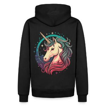 Nachtzauber: Einhorn im Comic-Stil - Männer Premium Bio Hoodie - Schwarz - Hinten - Nico (187cm)