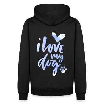 Chien, je-aime-mon-chien, chien-maman, chien-papa disant - Sweat à capuche Premium bio Homme - noir - Dos - Nico (187cm)