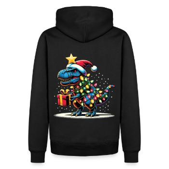 Tree Rex - Dino mit Weihnachtslichtern - Männer Premium Bio Hoodie - Schwarz - Hinten - Nico (187cm)