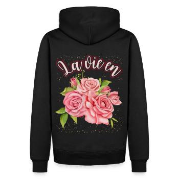 Illustration de rose, Roses aquarelle disant La Vie En - Sweat à capuche Premium bio Homme - noir - Dos - Nico (187cm)