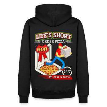 Lustiger Pizza Spruch, Pizza Lieferdienst - Männer Premium Bio Hoodie - Schwarz - Hinten - Nico (187cm)