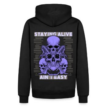 Totenköpfe, Spruch Staying Alive, Teufelsschädel - Männer Premium Bio Hoodie - Schwarz - Hinten - Nico (187cm)