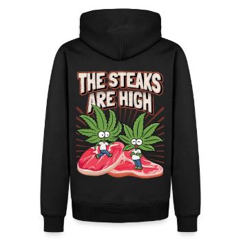 Steak, Cannabis Blatt, Marihuana, lustiger Spruch - Männer Premium Bio Hoodie - Schwarz - Hinten - Nico (187cm)