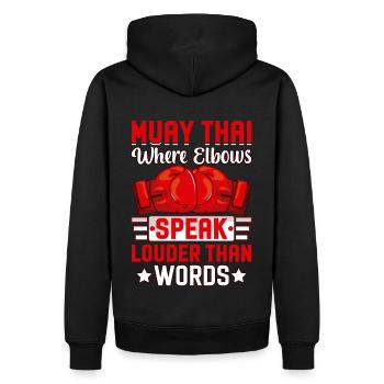 Muay Thai where elbows speak louder than words - Men’s Premium Organic Hoodie - black - Back - Nico (187cm)