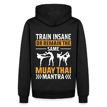 Trainieren Sie verrückt oder bleiben Sie das gleiche Muay Thai Mantra - Männer Premium Bio Hoodie - Schwarz - Hinten - Nico (187cm)