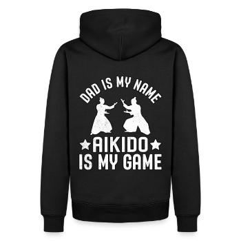 Papa ist mein Name, Aikido ist mein Spiel - Männer Premium Bio Hoodie - Schwarz - Hinten - Nico (187cm)