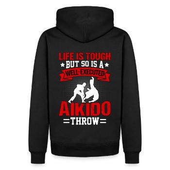 Das Leben ist hart, aber ein gut ausgeführtes Aikido ist es auch - Männer Premium Bio Hoodie - Schwarz - Hinten - Nico (187cm)