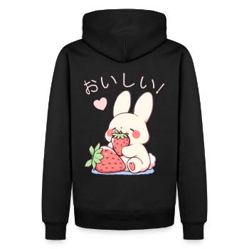 Cute Bunny Eating Strawberries Kanji Kawaii Rabbit - Männer Premium Bio Hoodie - Schwarz - Hinten - Nico (187cm)