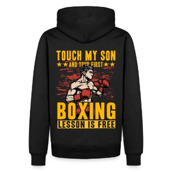 Touch my Son und Ihre erste Boxstunde ist kostenlos - Männer Premium Bio Hoodie - Schwarz - Hinten - Nico (187cm)
