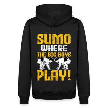 Sumo where the big boys play! - Men’s Premium Organic Hoodie - black - Back - Nico (187cm)