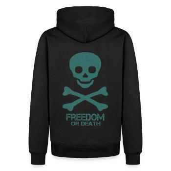 Totenkopf Spruch Freedom Or Death - Männer Premium Bio Hoodie - Schwarz - Hinten - Nico (187cm)