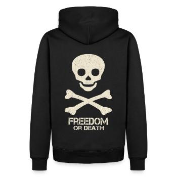 Totenkopf Spruch Freedom Or Death - Männer Premium Bio Hoodie - Schwarz - Hinten - Nico (187cm)