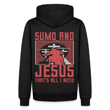Sumo und Jesus, das ist alles, was ich brauche - Männer Premium Bio Hoodie - Schwarz - Hinten - Nico (187cm)