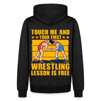 Berühre mich und deine erste Wrestling-Stunde ist kostenlos - Männer Premium Bio Hoodie - Schwarz - Hinten - Nico (187cm)