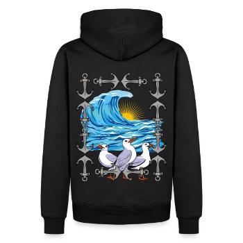 Mouettes, Mouette, Vagues, Mer, Océan, Côte - Sweat à capuche Premium bio Homme - noir - Dos - Nico (187cm)