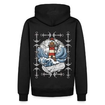 phare, signal, maritime, baleine, vagues, mer, poisson - Sweat à capuche Premium bio Homme - noir - Dos - Nico (187cm)