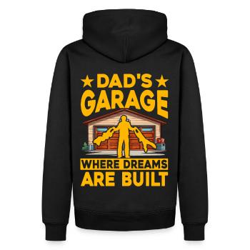 Papas Garage, in der Träume gebaut werden - Männer Premium Bio Hoodie - Schwarz - Hinten - Nico (187cm)