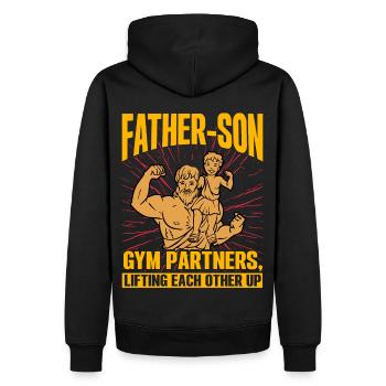 Vater Sohn Fitnessstudio Partner heben sich gegenseitig auf - Männer Premium Bio Hoodie - Schwarz - Hinten - Nico (187cm)