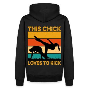 Dieses Küken liebt es zu treten - Männer Premium Bio Hoodie - Schwarz - Hinten - Nico (187cm)