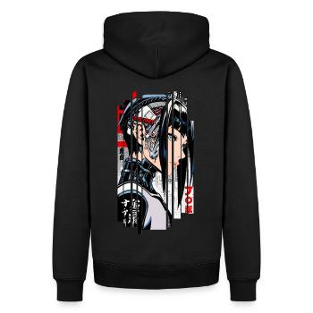 Frau Cyborg Ninja Blau Geometrisch - Männer Premium Bio Hoodie - Schwarz - Hinten - Nico (187cm)