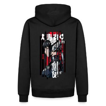Rote geometrische Cyborg Ninja Frau - Männer Premium Bio Hoodie - Schwarz - Hinten - Nico (187cm)
