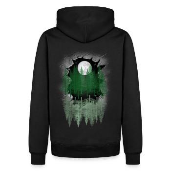 mystisch Wald Natur Fichten Bäume Tannen Mond - Männer Premium Bio Hoodie - Schwarz - Hinten - Nico (187cm)