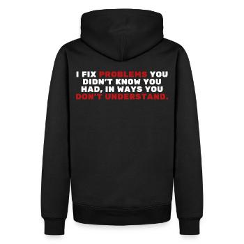 Je répare des problèmes - Citation drôle de technicienne et d’ingénierie - Sweat à capuche Premium bio Homme - noir - Dos - Nico (187cm)