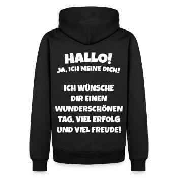 Motivation. Spruch Person hinter mir. Viel Glück. - Männer Premium Bio Hoodie - Schwarz - Hinten - Nico (187cm)