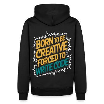 "Geboren, um kreativ zu sein, gezwungen, Code zu schreiben" Lustig - Männer Premium Bio Hoodie - Schwarz - Hinten - Nico (187cm)