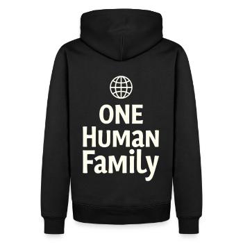 ONE HUMAN FAMILY Globe Cohesion - Men’s Premium Organic Hoodie - black - Back - Nico (187cm)