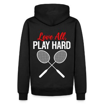 Love All Play Hard Badminton - Männer Premium Bio Hoodie - Schwarz - Hinten - Nico (187cm)
