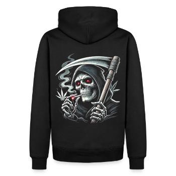 Schwarzer Humor rauchender Sensenmann zu Halloween - Männer Premium Bio Hoodie - Schwarz - Hinten - Nico (187cm)