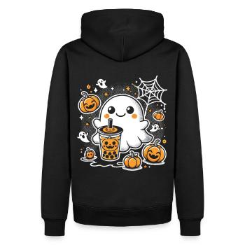 T-shirt d’Halloween : Fantôme avec thé à bulles à la citrouille - Sweat à capuche Premium bio Homme - noir - Dos - Nico (187cm)