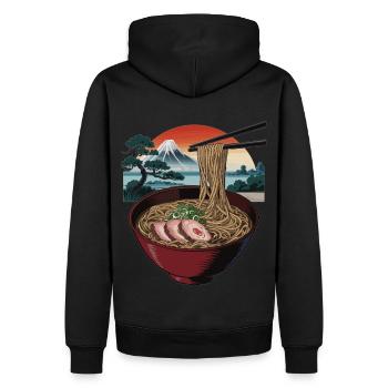 Ramen noodle soup in front of Mount Fuji - Men’s Premium Organic Hoodie - black - Back - Nico (187cm)