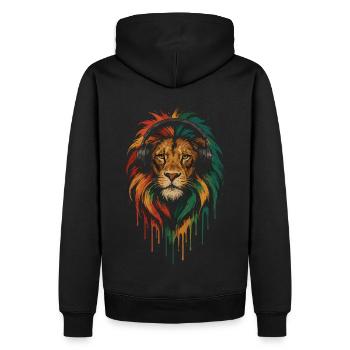 Rasta-Löwe mit Kopfhörern – Musik im Blut - Männer Premium Bio Hoodie - Schwarz - Hinten - Nico (187cm)